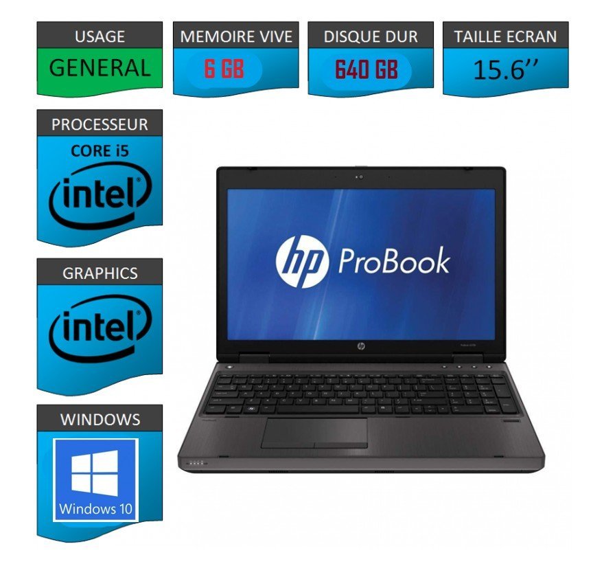 HP	PROBOOK 6560b Intel Core i5-2410M  @ 2.30 GHz, 6 go ram ddr3 ,640 gb hdd,15.6 pouce hd